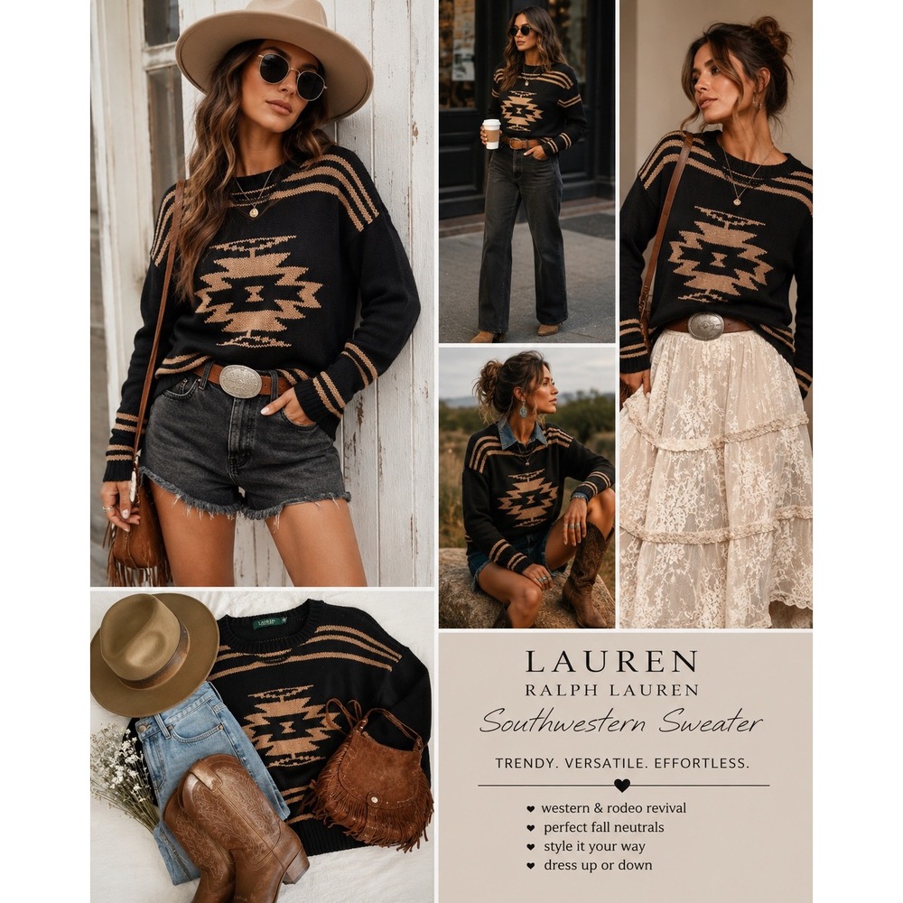 Lauren Ralph Lauren XL Southwestern Sweater Black Tan Aztec Cotton Wool